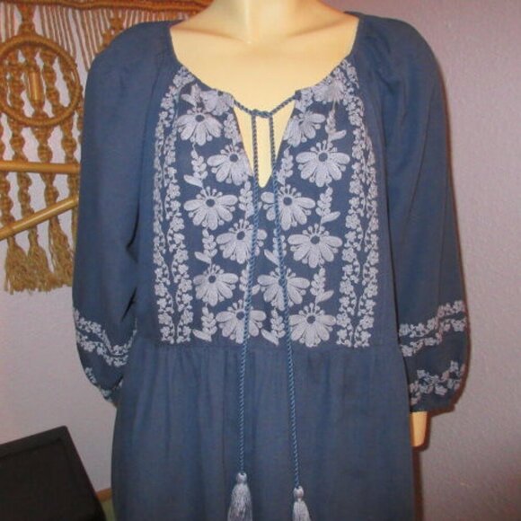 Sundance Caspian Breeze Dress Size L Linen Blend Embroidered Puff Sleeve Pockets - Picture 2 of 12